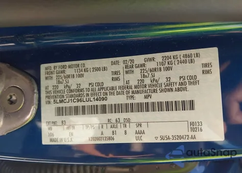2020 Lincoln Corsair Standard z USA, uszkodzony, nr VIN 5LMCJ1C96LUL14090